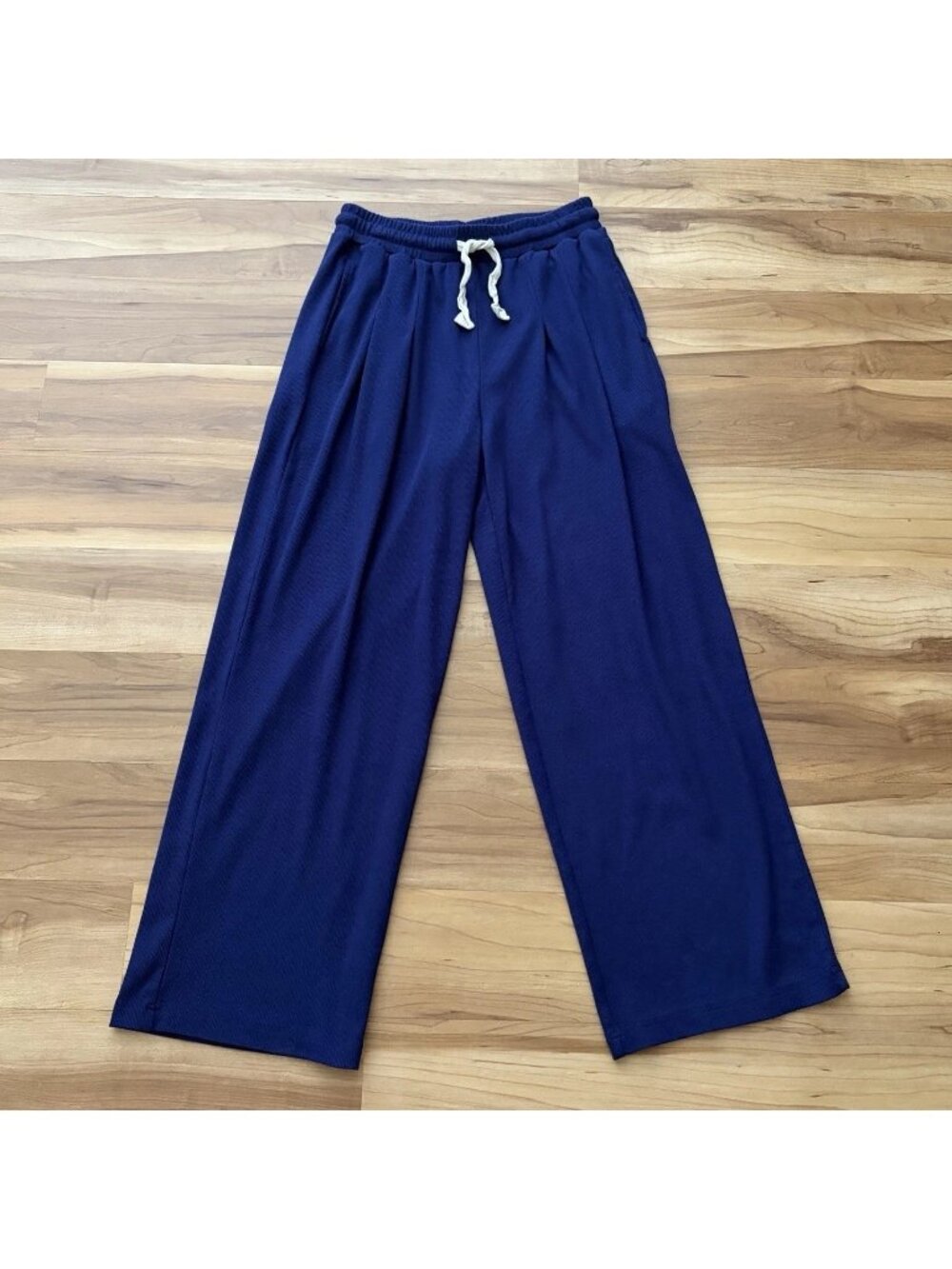 XIEERDUO Pants Womens M Blue Wide Leg Drawstring Stretch Pleated Lounge Comfy